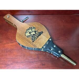 Vintage Fireplace Bellow Wood Leather Brass Tone Ship Nautical Beach Decor